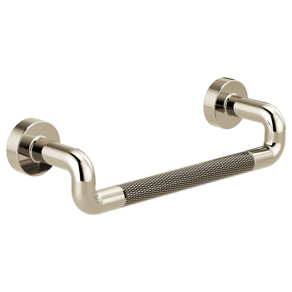 Polished nickel drawer pull with curved handles, knurled center grip, and circular mounting plates.