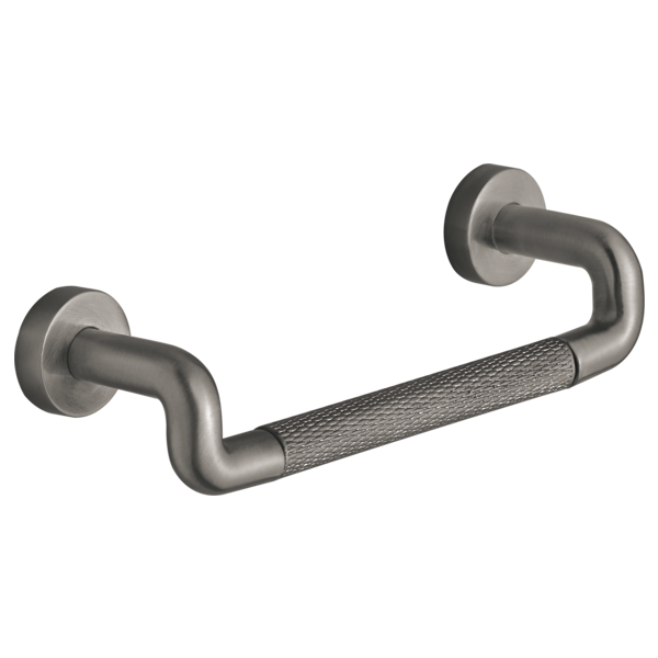 Brushed nickel drawer pull with curved handles and textured knurled center grip section.