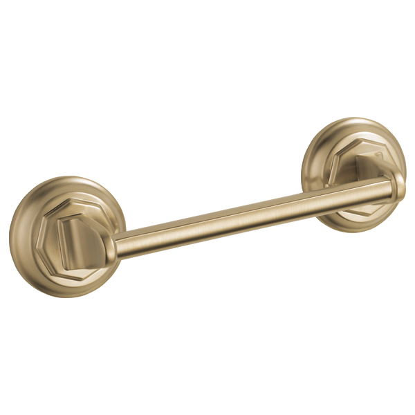 Brushed gold horizontal drawer pull with circular rosette ends and geometric detailing.