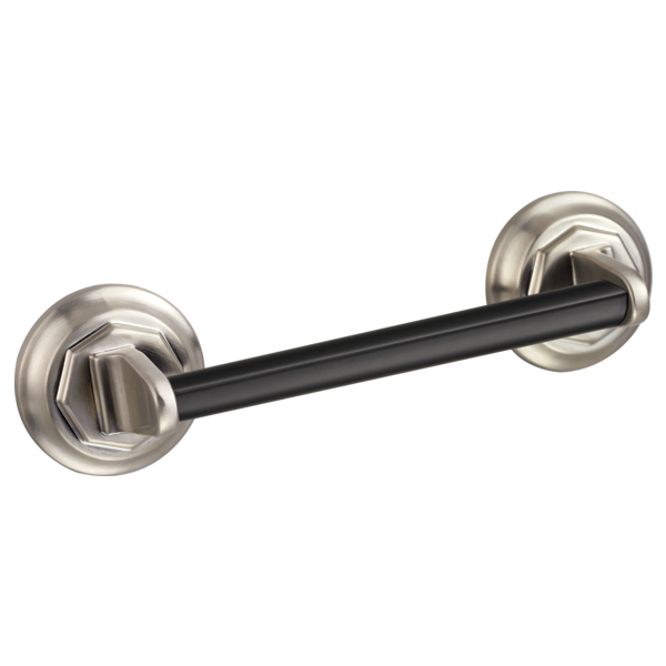 Black cylindrical drawer pull with brushed nickel circular rosettes on each end.