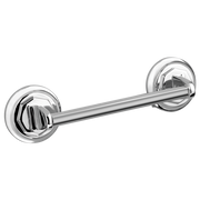 Polished chrome drawer pull with cylindrical bar and circular mounting rosettes on each end.