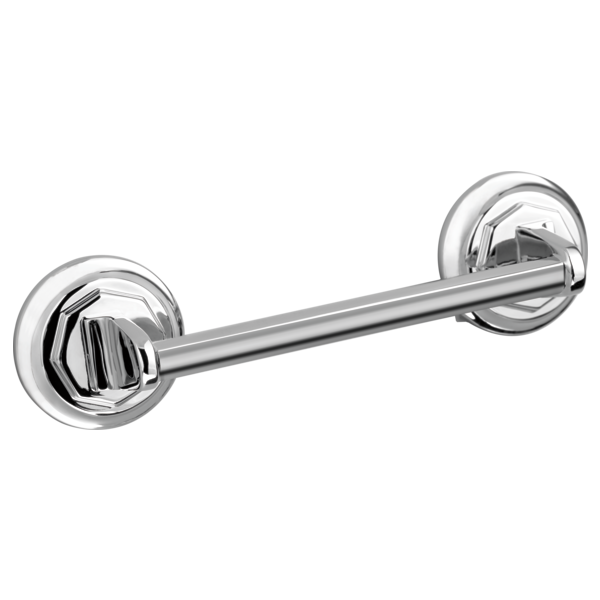 Polished chrome drawer pull with cylindrical bar and circular mounting rosettes on each end.