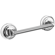 Polished chrome drawer pull with cylindrical bar and circular rosette-mounted ends.