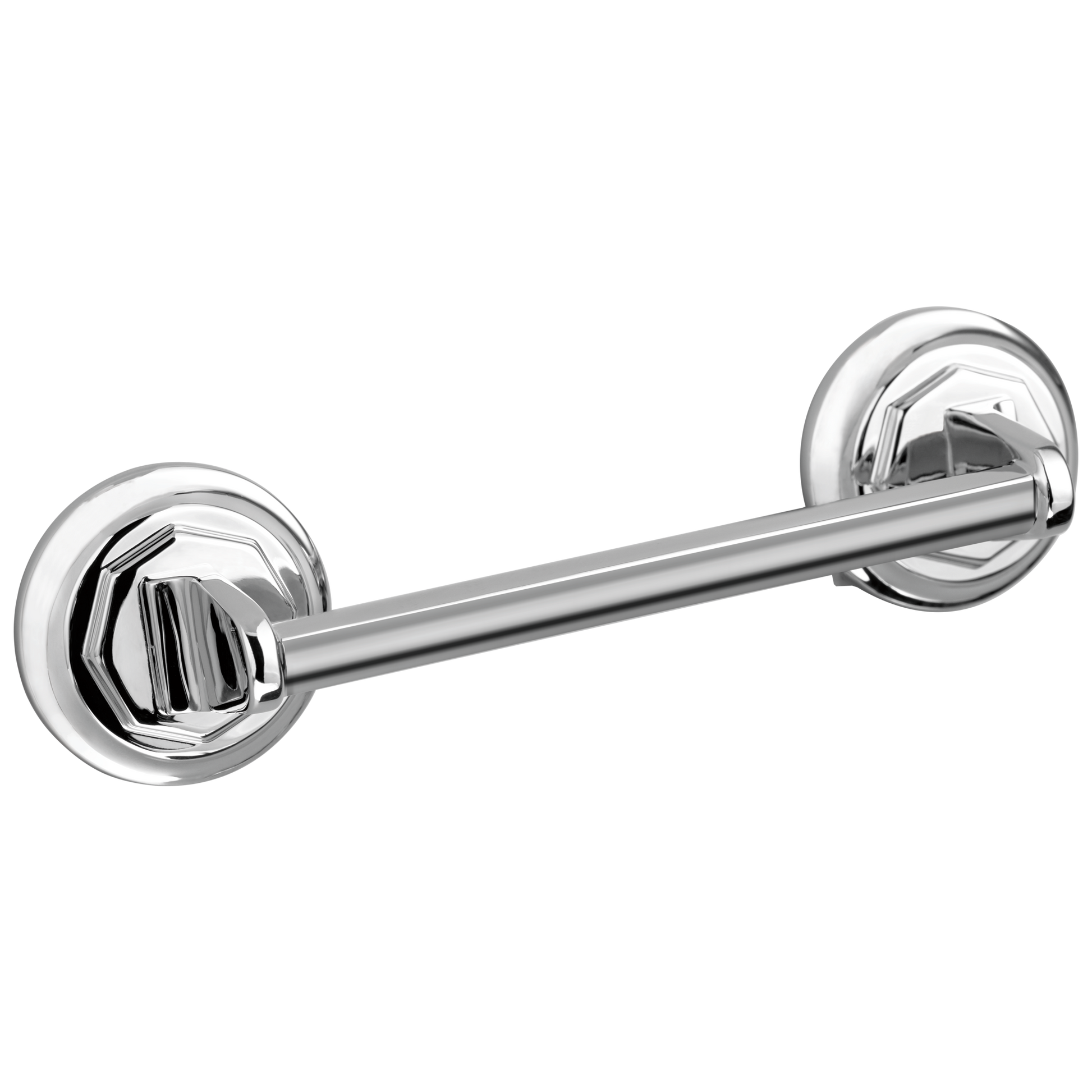 Polished chrome drawer pull with cylindrical bar and circular rosette-mounted ends.