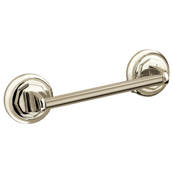 Polished nickel drawer pull with cylindrical bar and circular rosette escutcheons on each end.