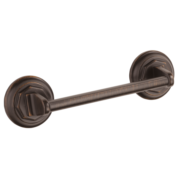 Bronze drawer pull with round backplates and straight bar handle in brushed finish.