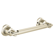Polished nickel drawer pull with cylindrical handles on each end and horizontal bar between them.