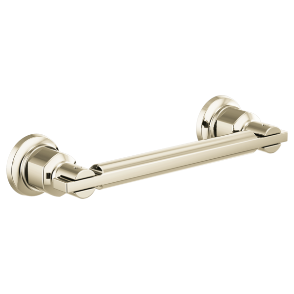 Polished nickel drawer pull with cylindrical handles on each end and horizontal bar between them.