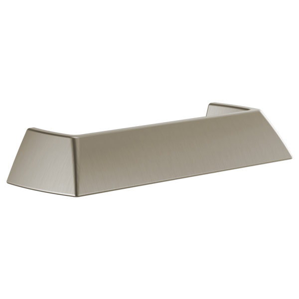 Brushed nickel drawer pull with angled trapezoidal shape and curved end supports.