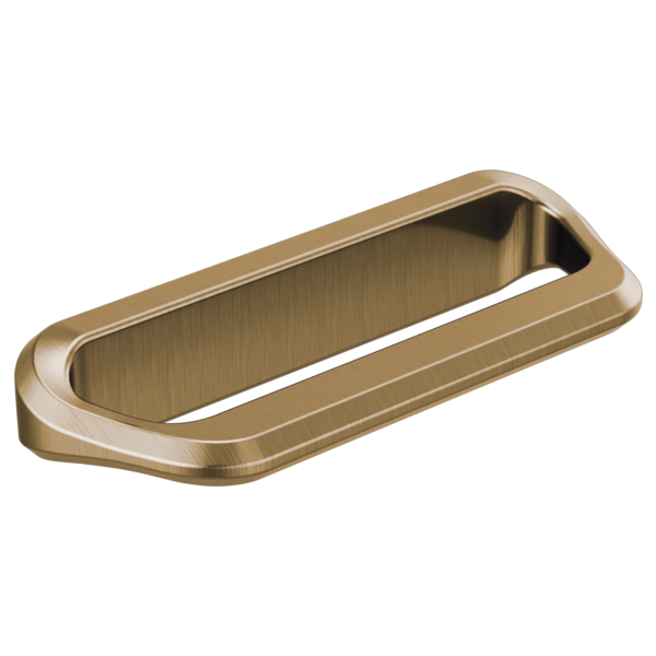 Brushed gold elongated rectangular drawer pull with rounded edges and recessed grip area.