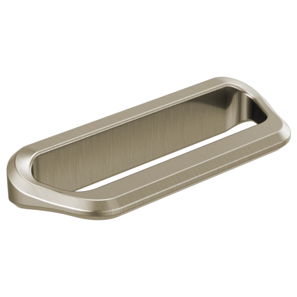 Brushed nickel rectangular drawer pull with rounded edges and recessed grip area.