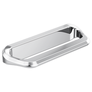 Chrome-finished rectangular drawer pull with curved edges and recessed grip area.