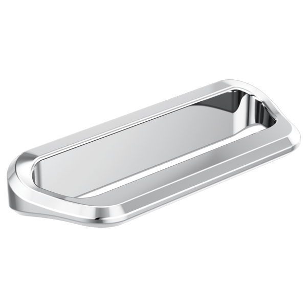 Chrome-finished rectangular drawer pull with curved edges and recessed grip area.