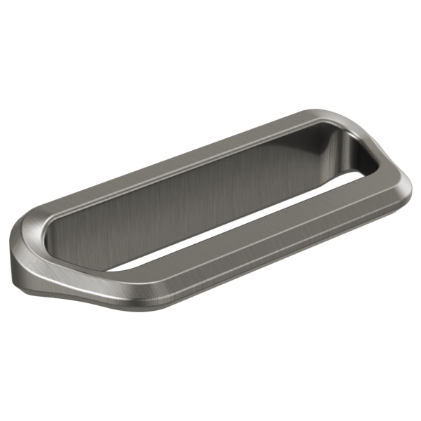 Brushed nickel drawer pull with elongated oval shape and recessed grip area.