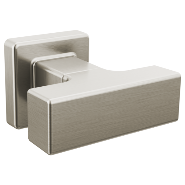 Brushed nickel rectangular drawer knob with square mounting plate and geometric design.