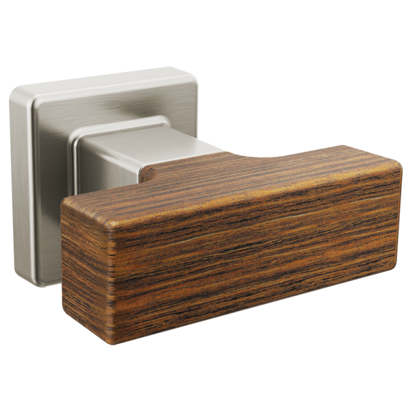 Rectangular drawer knob with dark wood handle and brushed nickel square mounting plate.
