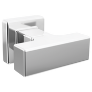 Rectangular chrome and white drawer knob with geometric design and backplate.