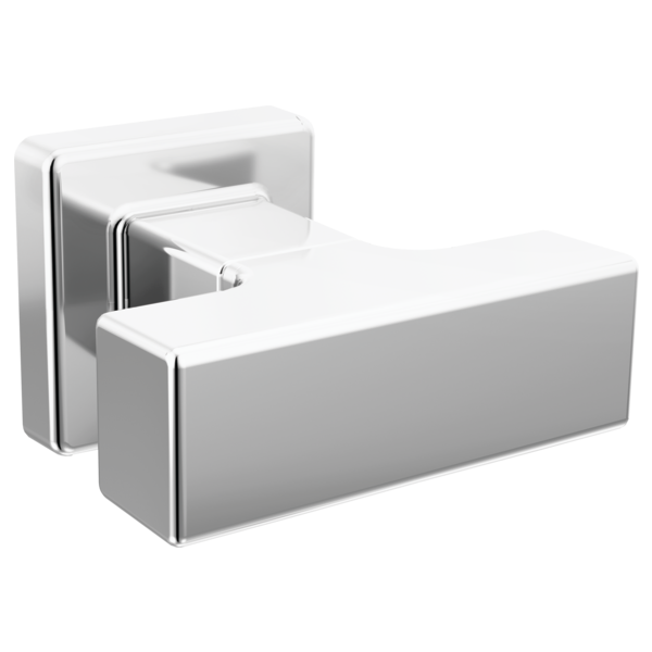 Rectangular chrome and white drawer knob with geometric design and backplate.