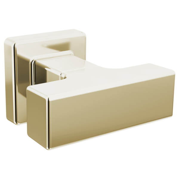 Brushed gold rectangular drawer knob with chrome accent lines and white ceramic insert detail.