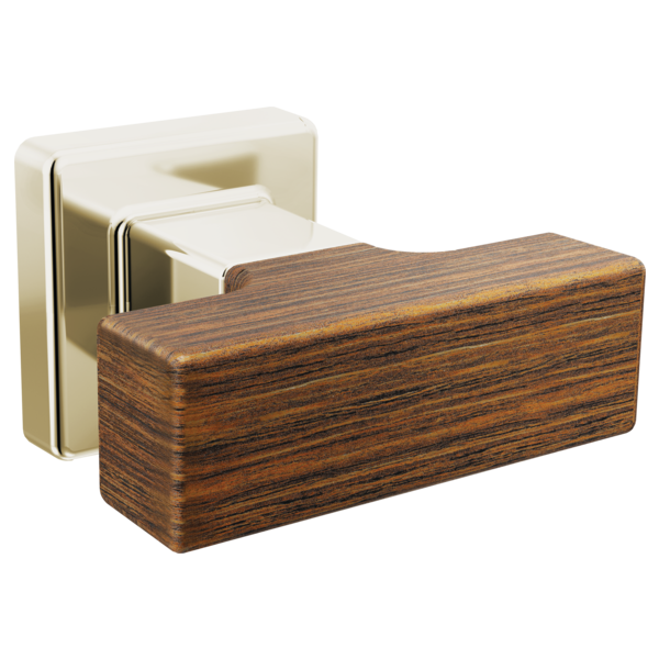 Rectangular wood drawer knob with grain texture and chrome mounting hardware on cream-colored backplate.