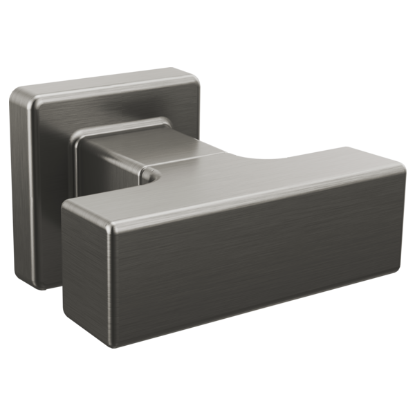 Brushed stainless steel rectangular drawer knob with square backplate and curved pull handle.