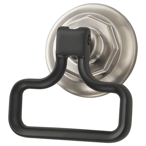 Black rectangular drawer knob with curved handles mounted on a brushed nickel geometric circular backplate.