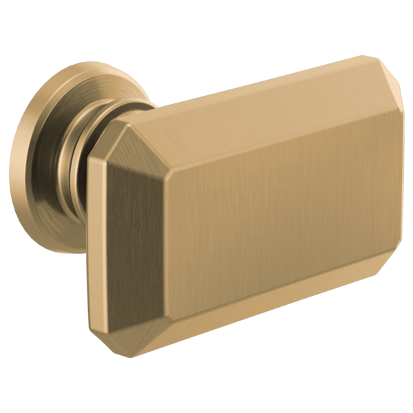 Brizo Invari drawer knob with brushed gold rectangular handle and round mounting base.
