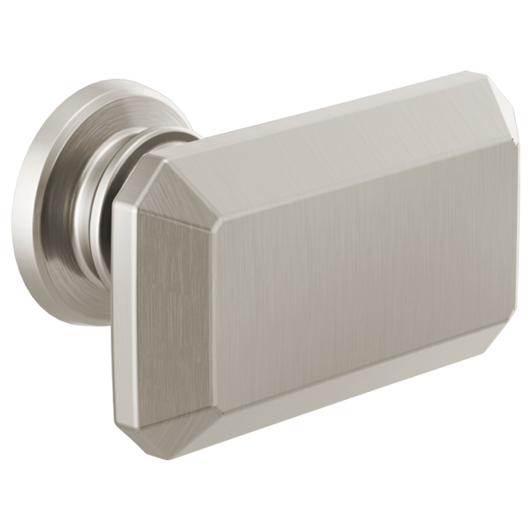 Brushed nickel rectangular drawer knob with circular mounting plate and grooved detailing.