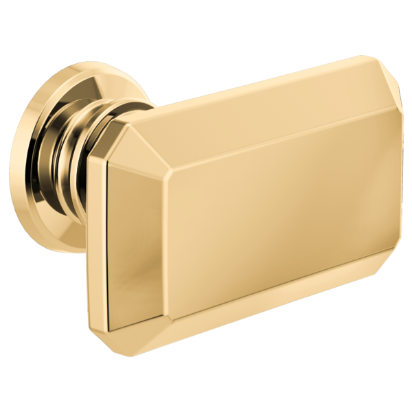 Polished gold rectangular drawer knob with round backplate and decorative rings.