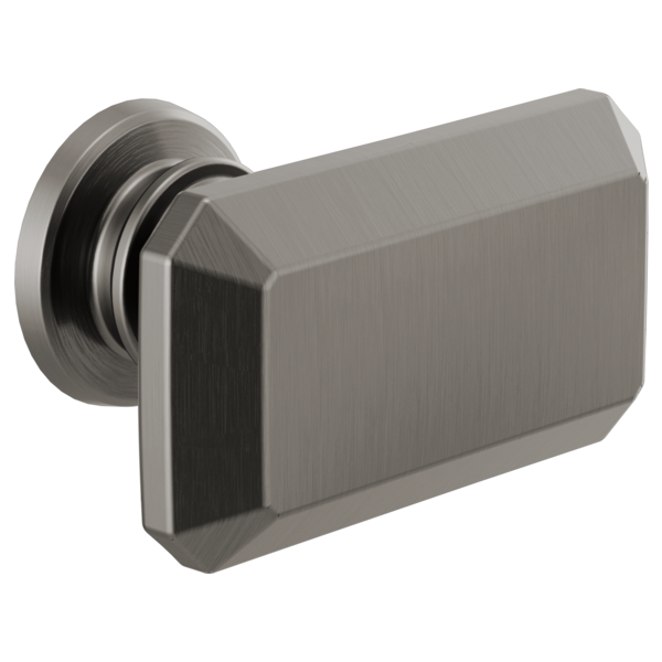 Brushed nickel rectangular drawer knob with circular mounting plate and layered metal detail.