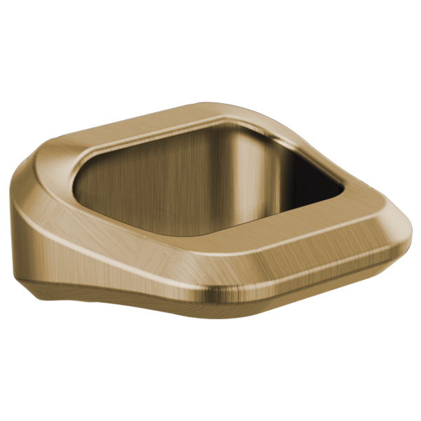 Brushed gold drawer knob with curved square shape and oval cutout handle.