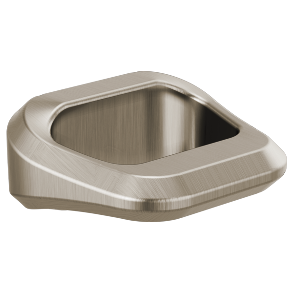 Brushed nickel drawer knob with curved square shape and open center cutout design.