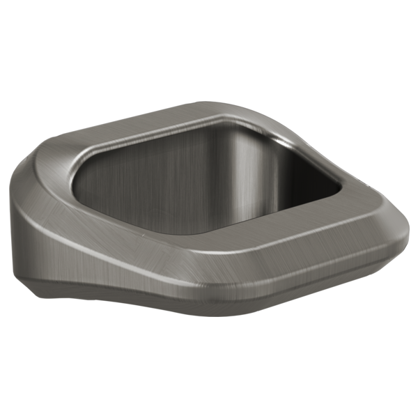 Brushed stainless steel drawer knob with curved square shape and recessed center grip.