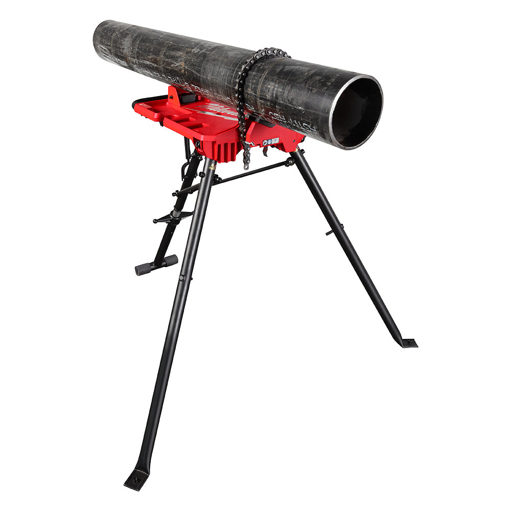 Red and black chain vise mounted on tripod stand with metal pipe clamped in horizontal position.