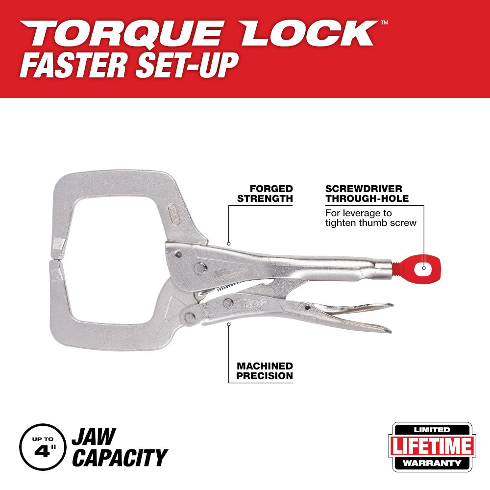 Milwaukee locking C-clamp with red thumb screw, forged steel construction, and regular jaw capacity up to 4 inches.