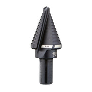 Black step drill bit with seven stepped cutting edges, marked 7/8 inch, on cylindrical shank with Milwaukee branding.