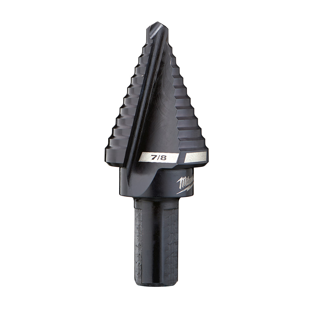 Black step drill bit with seven stepped cutting edges, marked 7/8 inch, on cylindrical shank with Milwaukee branding.