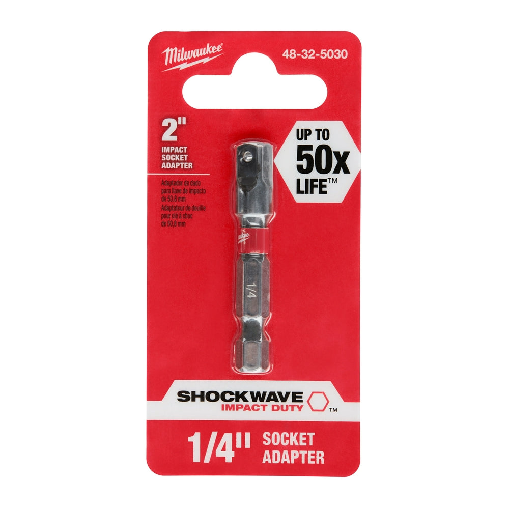 Milwaukee Shockwave 2-inch hex shank to 1/4-inch socket adapter on red packaging card.