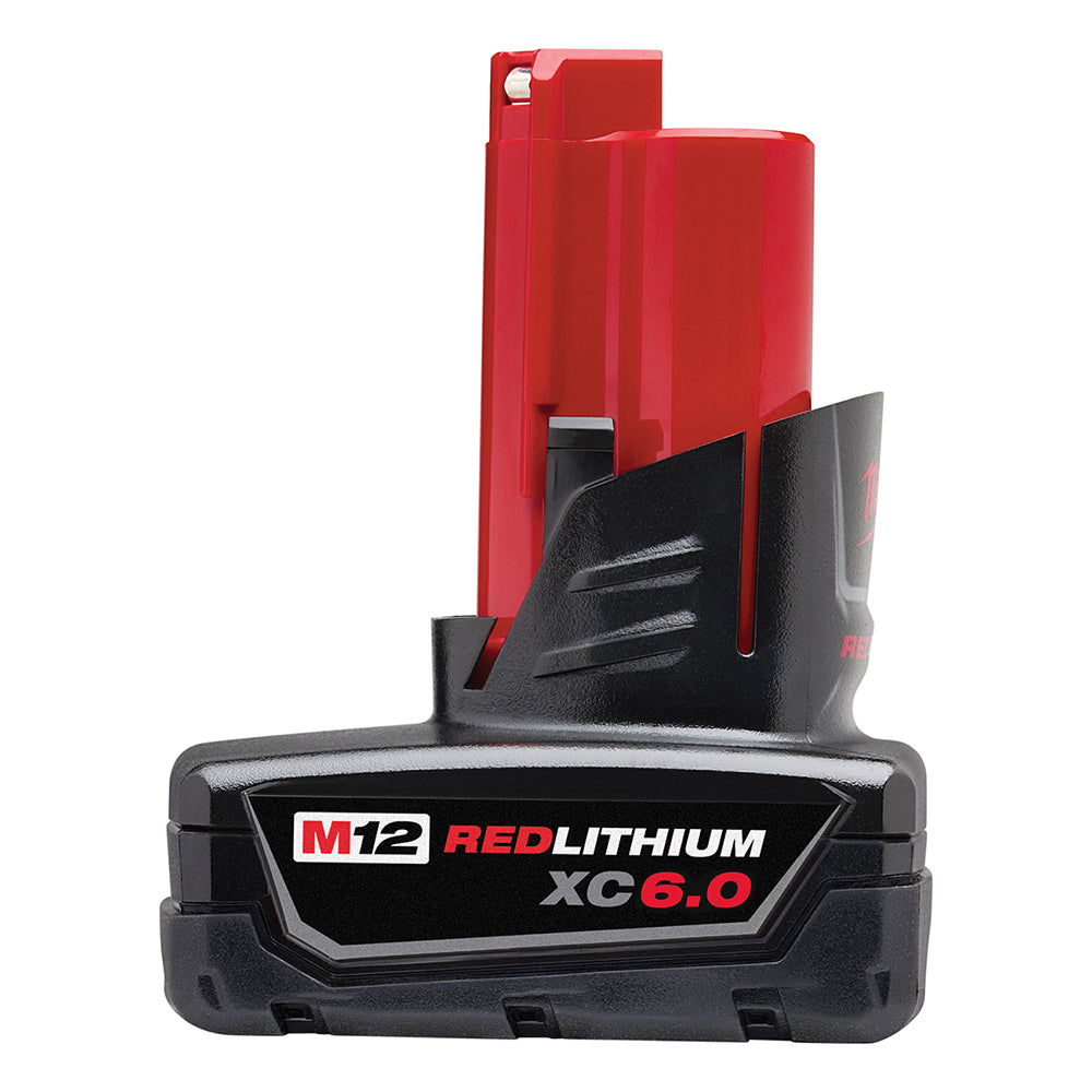 Red and black M12 REDLITHIUM XC 6.0 battery pack with charging contacts and mounting bracket.