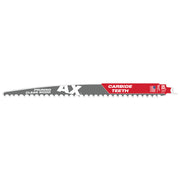 Milwaukee 12" SAWZALL blade with carbide teeth, labeled for pruning and clean wood cutting.