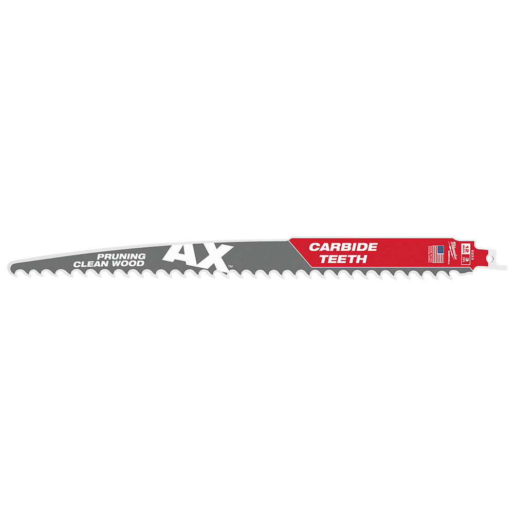 Milwaukee 12" SAWZALL blade with carbide teeth, labeled for pruning and clean wood cutting.