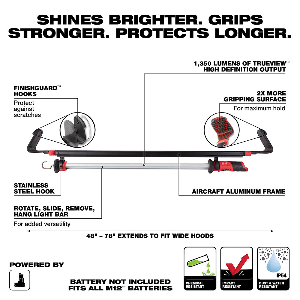Black and red LED underhood light with extending aluminum frame, hooks, and gripping surface, 1,350 lumens output.