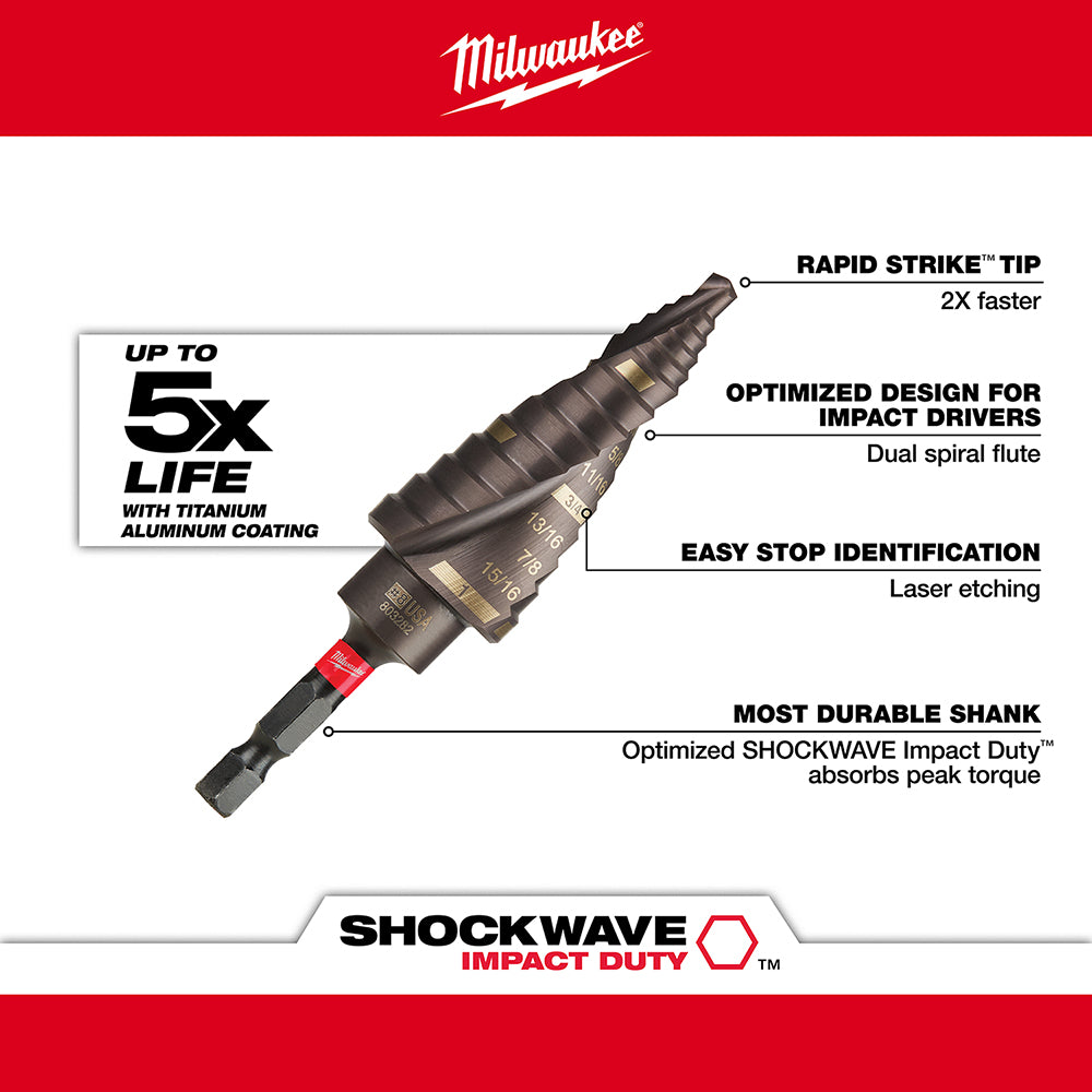 Milwaukee Shockwave Impact Duty step bit with black coated fluted design and red hex shank, shown with specification callouts