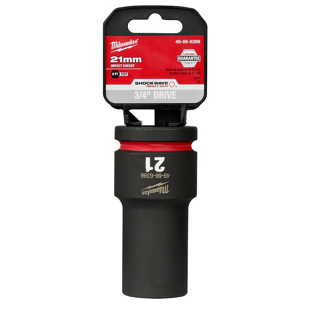 Milwaukee Shockwave 21mm deep socket with 3/4" drive and 6-point design, black with red band and product label.
