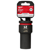 Milwaukee Shockwave 21mm deep socket with 3/4" drive and 6-point design, black with red band and product label.