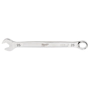 Silver 25mm combination wrench with open and ring ends, Milwaukee brand marking on shaft.