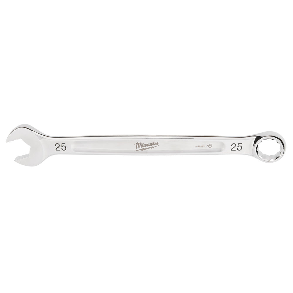 Silver 25mm combination wrench with open and ring ends, Milwaukee brand marking on shaft.