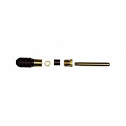 Repair kit components including black rubber stem, brass fittings, small spring, black rubber seal, and metal rod arranged in