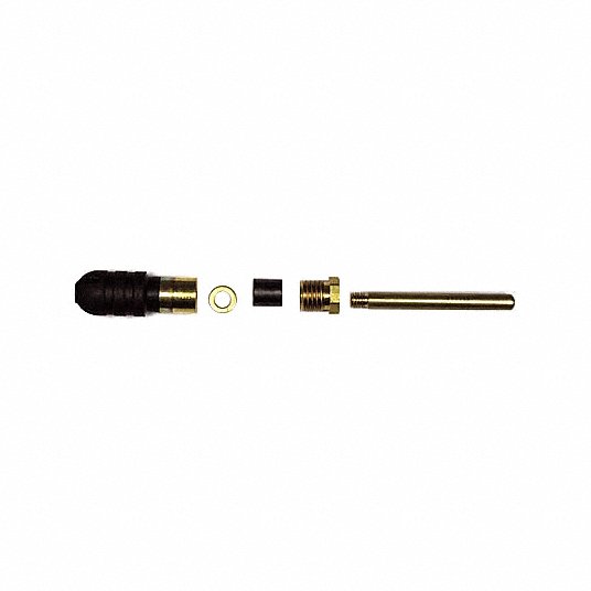 Repair kit components including black rubber stem, brass fittings, small spring, black rubber seal, and metal rod arranged in