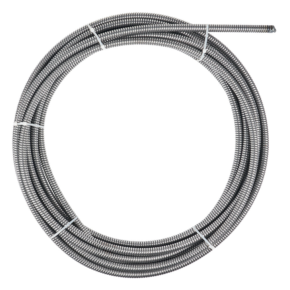 Coiled metal drain cable with helical ridged surface and secured with white bands.